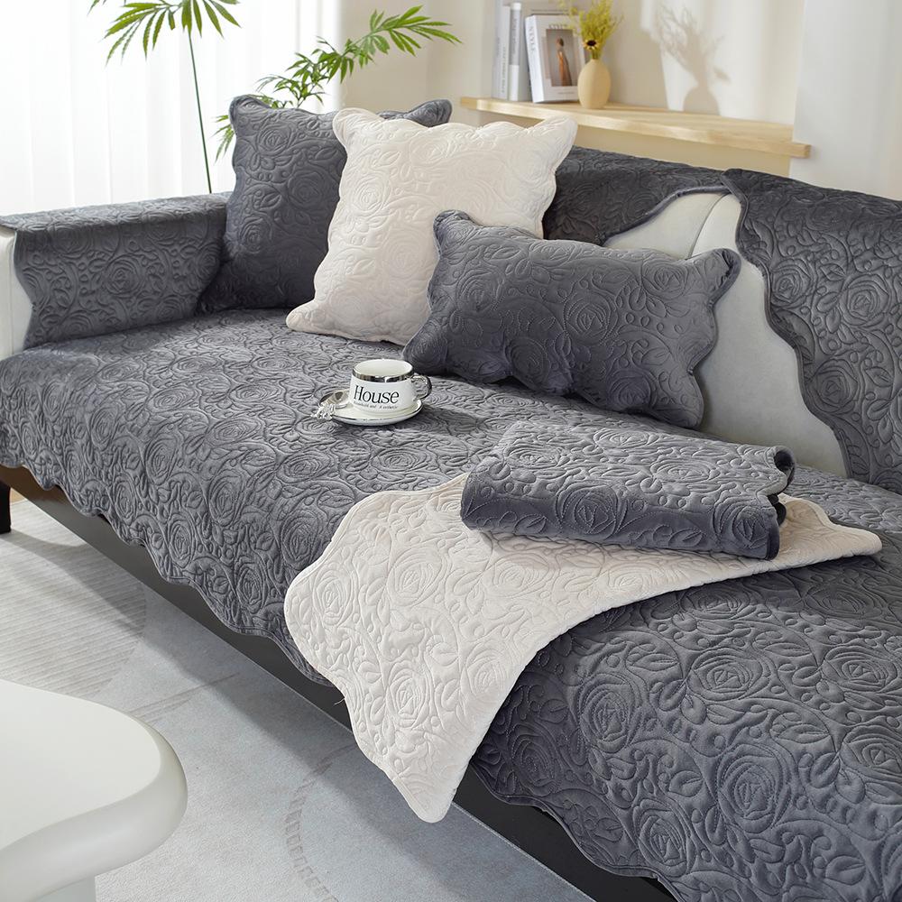 Dutch Velvet Rose Embroidery Solid Color Sofa Cushion Simple And Modern Combination All-Inclusive Universal Sofa Cover Skin-Friendly And Non-Slip