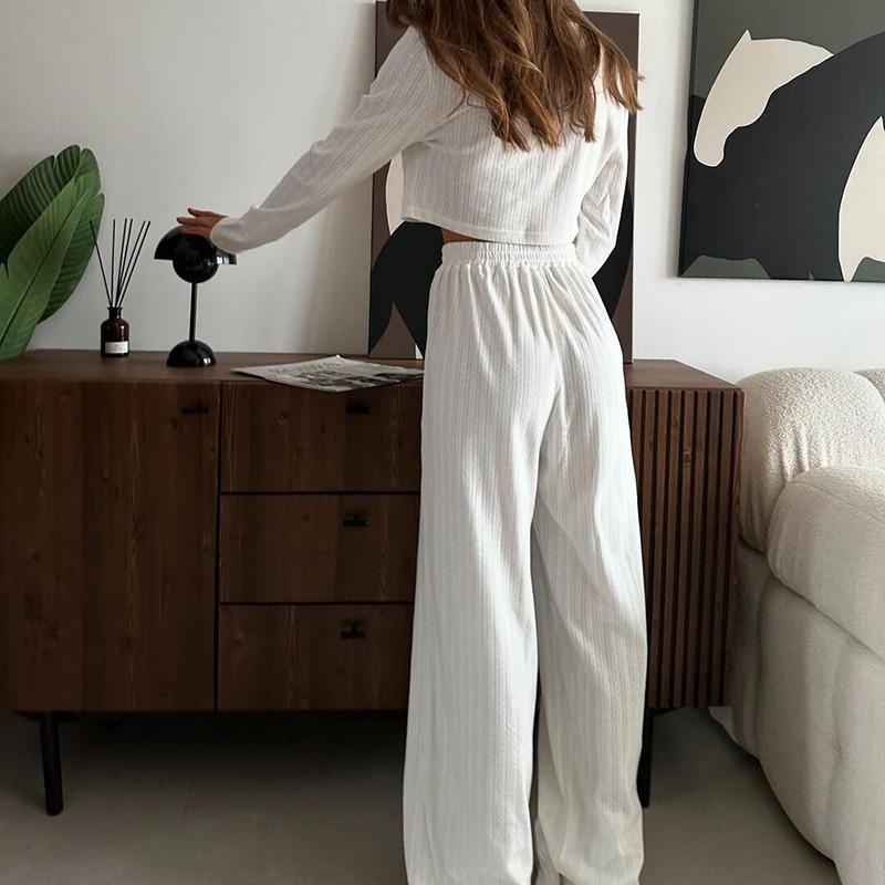 Causal Solid V Neck T-shirt Pants Suit Long Sleeve Crop Top Elastic Waist Wide Leg Pant Sets Spring Homewear Outfit