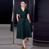 French Spring/Summer 2026 Women's V-Neck Black Bow Tie Jacquard Dress with Waist-Cinching and Wide Hem.