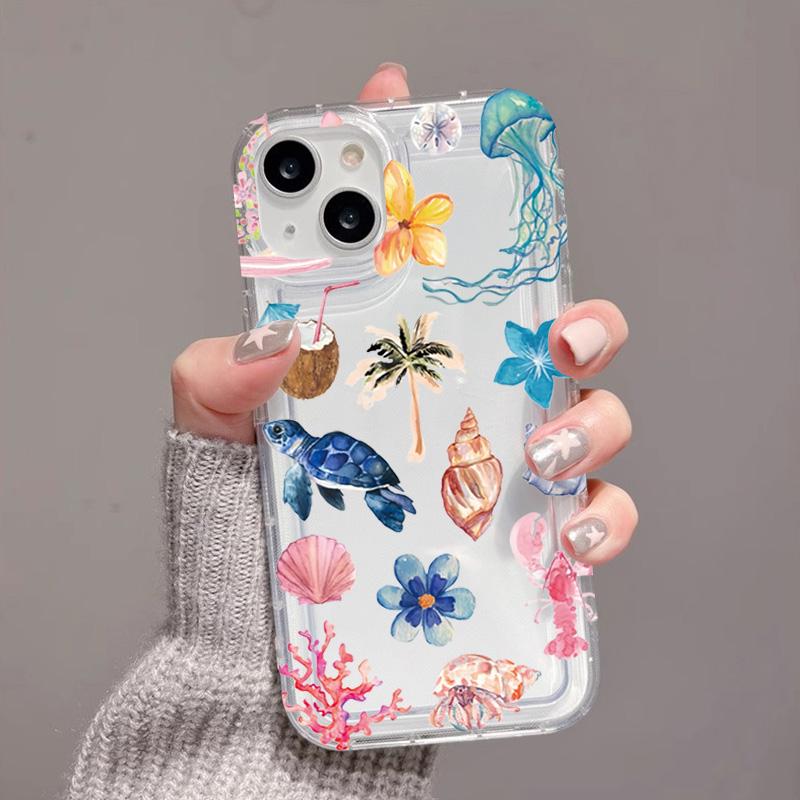 Transparent Turtle Lobster Coconut Print Case For iPhone 16E 16 15 14 13 12 11 Pro Max Mini Soft Covers