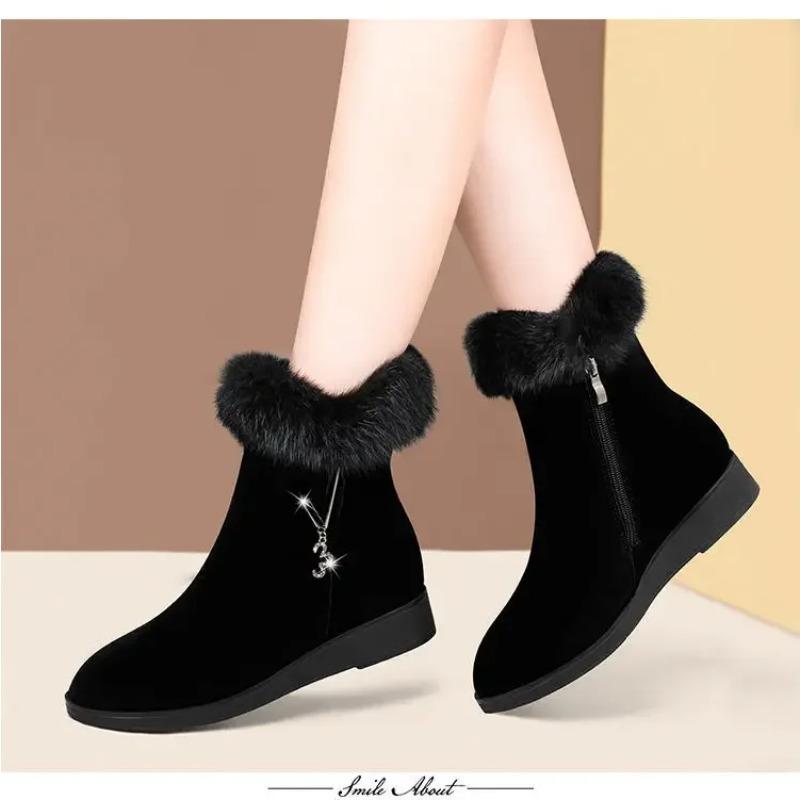 Plush Womens Boots Comfortable Hick-soled Fur Shoes Fashion Ladies Shoes Zipper Women Vulcanized Shoes Anti-slip Chaussure Femme