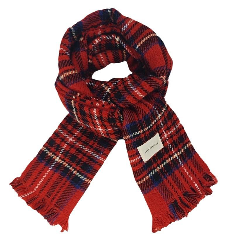 Festive Korean-Style Red Plaid Neck Warmer Scarf for Couples