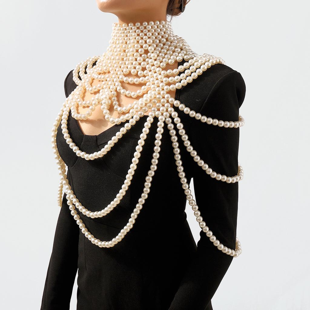Vintage Multi Layer Pearl Body Chain For Women Heavy Duty Beaded Woven Exaggerated Retro Neck Jewelry