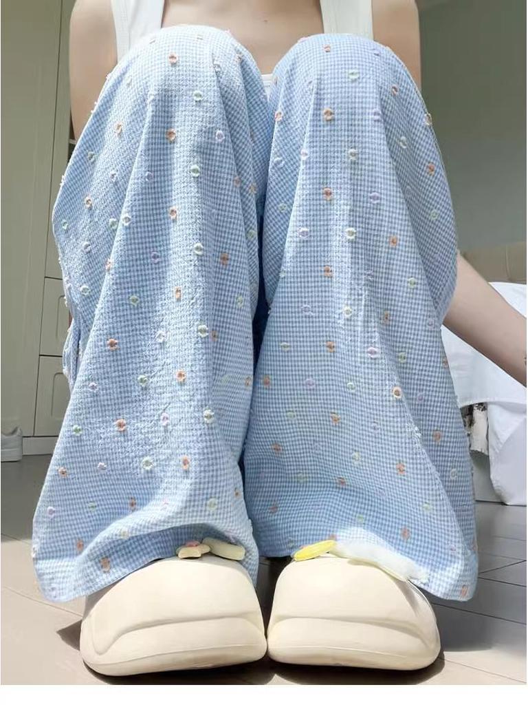 Women's Petite Blue Polka Dot Wide-Leg Summer Pants - High Waist, Thin Ice Silk Fabric