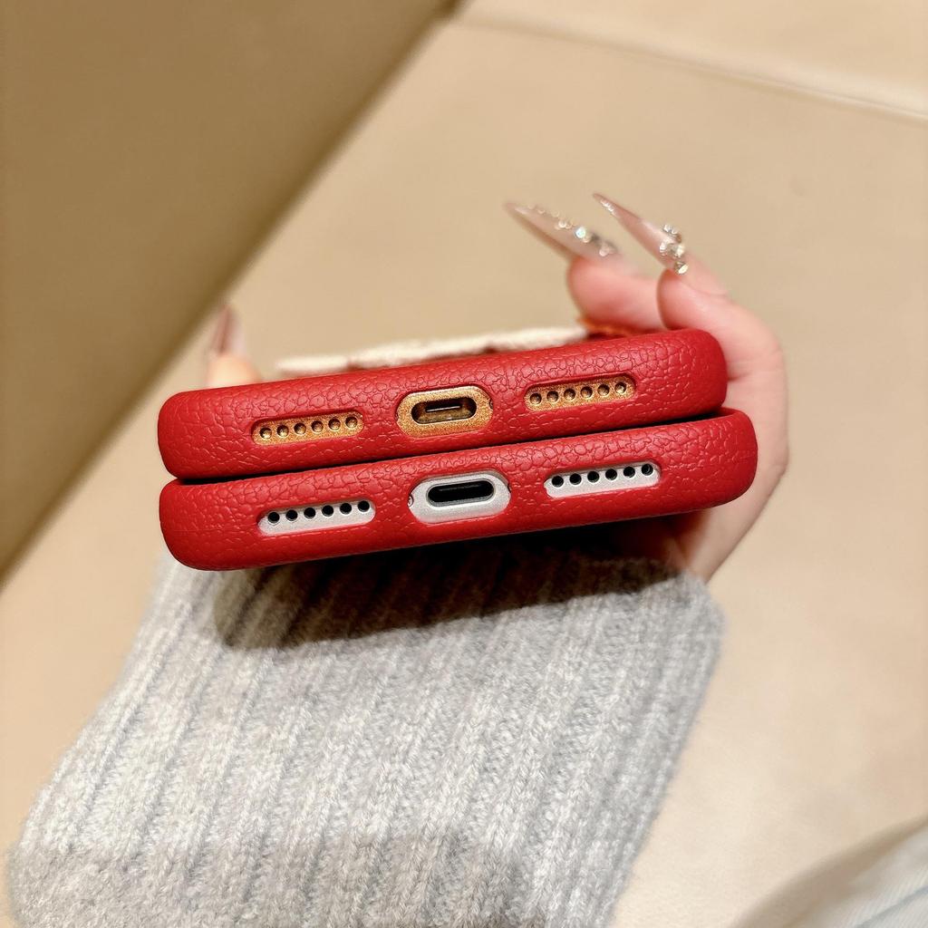 Red Embroidered Horse Leather Phone Case for Apple 17 Pro/iPhone 16, Large Hole, New Year Edition