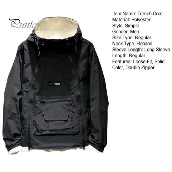 Trenci pentru bărbați, cu glugă, cu șnur, cu mânecă lungă, cu fermoar dublu, cu fermoar, de culoare solidă, cu buzunar mare, îmbrăcăminte în stil stradal