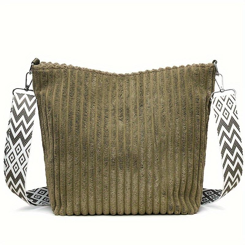 Women's Solid Color Casual Corduroy Crossbody Bag, Large Capacity Shoulder Backpack with Zipper Design, Fashionable Plush Underarm Bag
