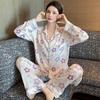 Ice Silk Thin Style Women'S Long-Sleeved Pajamas Spring And Autumn Cartoon Brown Puppy Polka Dot Print Loungewear