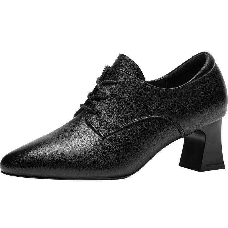 Women s Pointed Toe Block Heel Lace-Up Leather Pumps 38