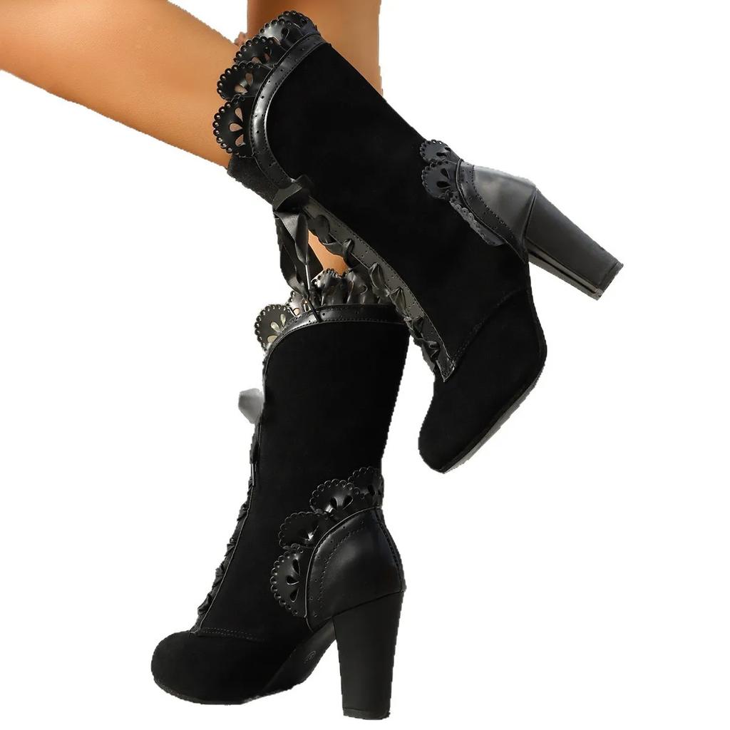 Winter High-Heel Lace Women's Leather Boots Fashionable Sharp Head Shape Velvet Boot Tube Material PU Leather Cat Pattern