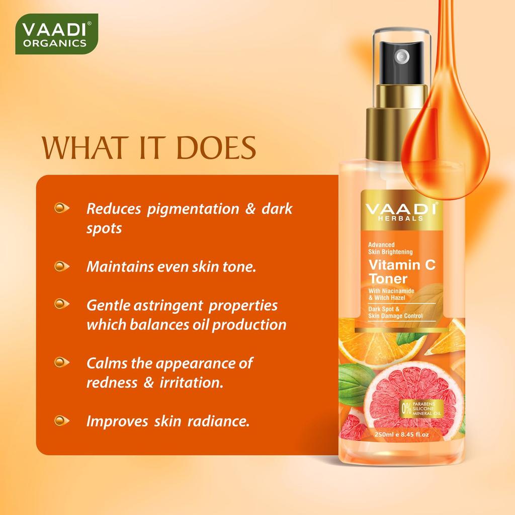 Vaadi Herbals Vitamin C Facial Toner 250 Ml Pack Of 1 | Hydrating, Brightening & Anti-Ageing Skincare Mist