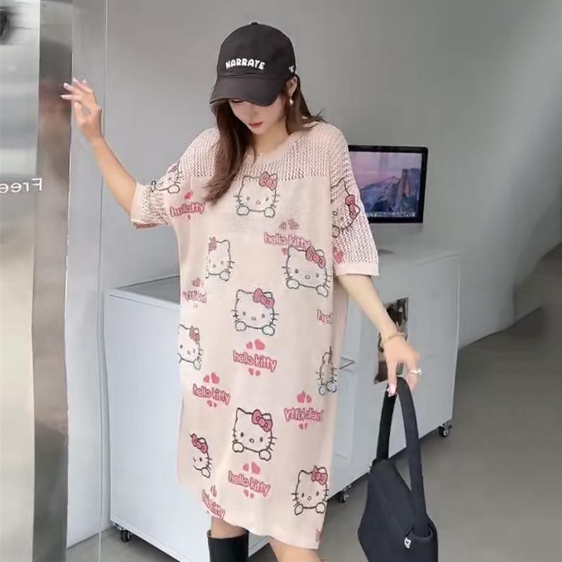 

Летнее трикотажное платье средней длины с коротким рукавом из ледяного шелка с мультяшным принтом One Size (42.5-85 kg)