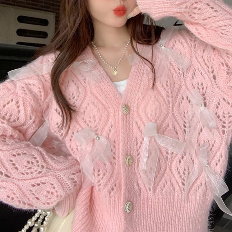 Sweet and gentle wind soft waxy sweater women's early autumn hollow bow knitted cardigan jacket long sleeve top