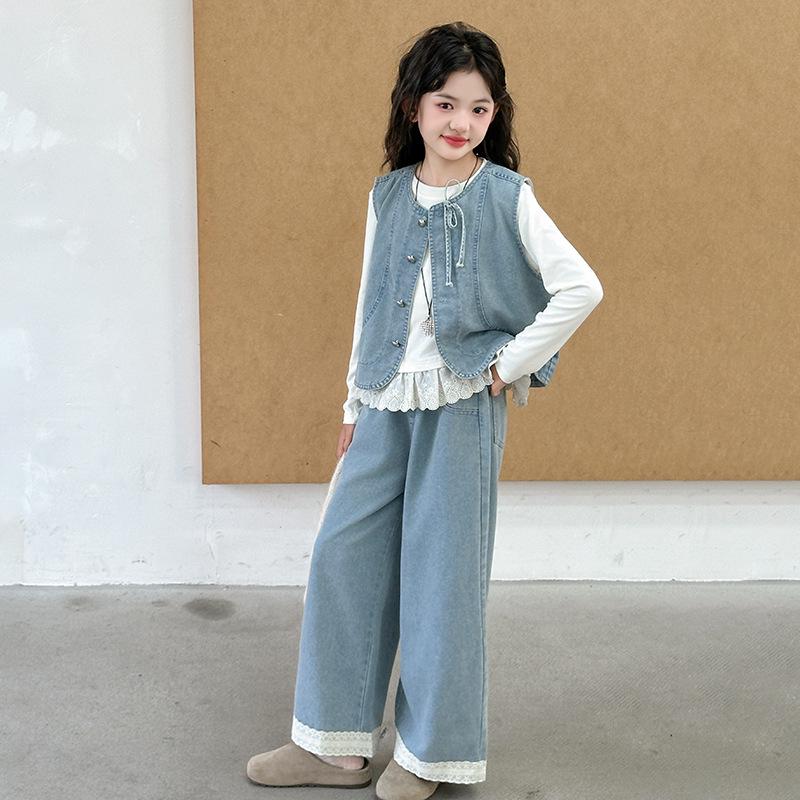 Girls' Denim Vest and Lace Pants Set – Long Sleeve Base Shirt Included (Spring/Autumn 2025)