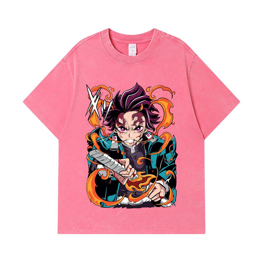 275 GSM Washed T-shirts 100% Cotton Demon Slayer V64 Tanjiro Fire Breathing Print Unisex Heavy Cotton T Shirt