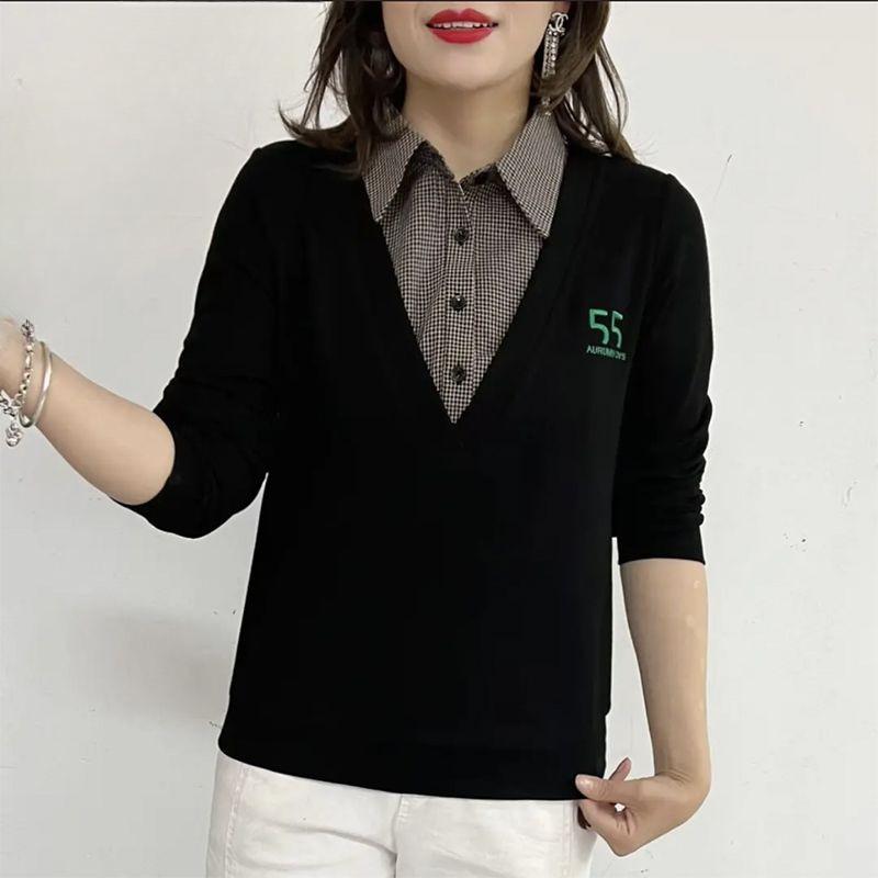 

Модная клетчатая футболка с длинным рукавом и воротником поло для мамы, весна и осень, корейский стиль, свободная, скрывающая полноту, омолаживающая, имитация двух предметов для женщин 4XL