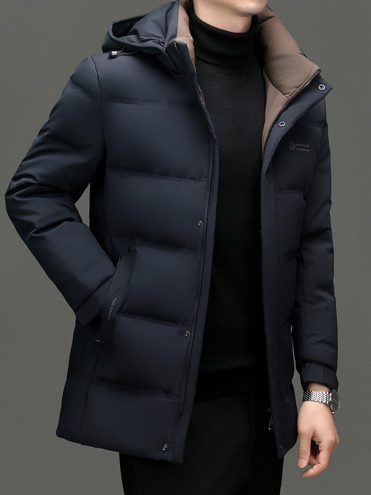 Men's Mid-Length Winter Down Jacket with Detachable Hood - Thick, Warm White Duck Down for Casual Wear