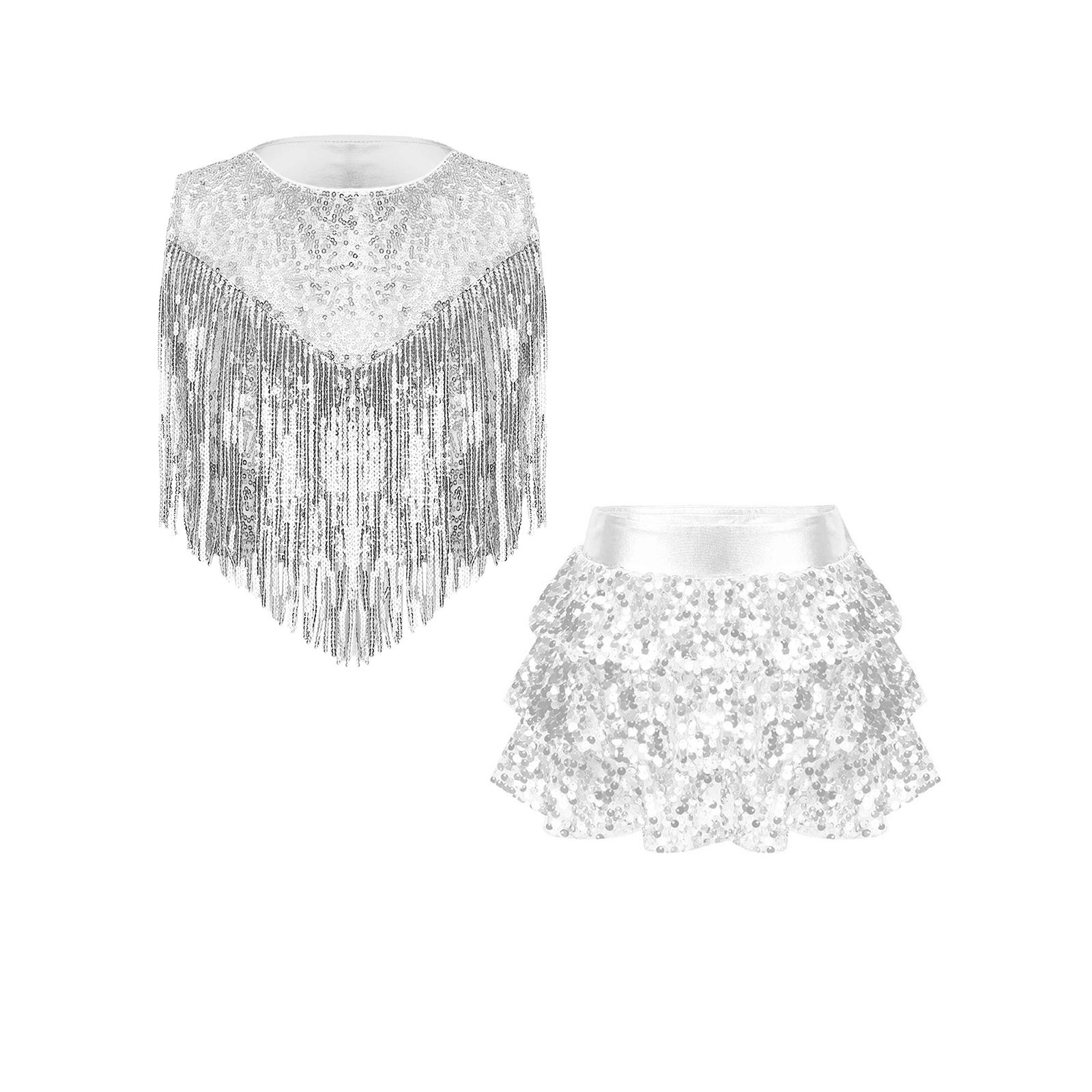 

Girls 70s Disco Outfit Metallic Gloss Top Sequins Design Tassels Detail Ruffle Skirt Shorts Two Piece Set 5-6 Years срібний