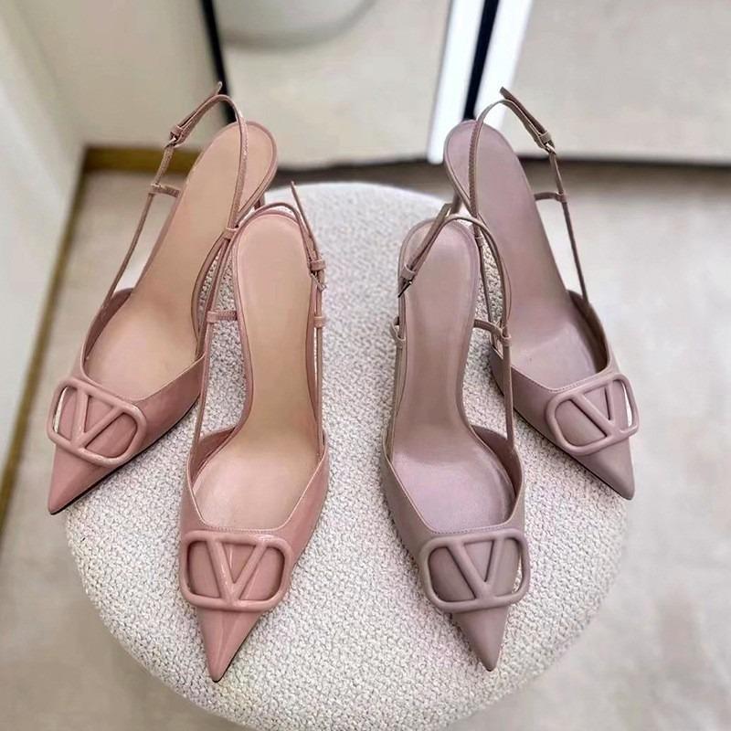 V buckle high heel rear empty stiletto sandals women's new summer pointed single shoes with rhinestone leather