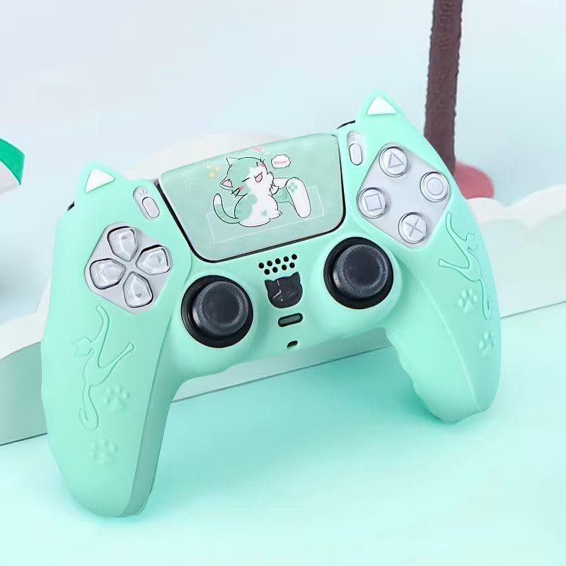 Protective Cover for PS5 Cat Ear Silicone with Stickers and Rocker Caps Controller, Case, Non-Slip, Sweat-Resistant, Dust-Resistant, (White)