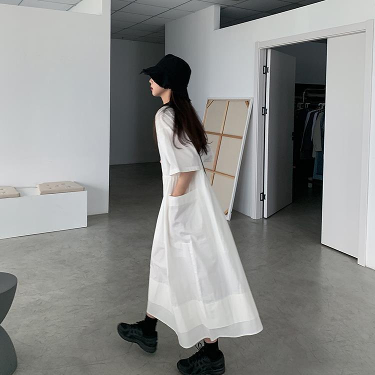 Loose Round Neck Large Pocket Midi Dress Summer Plus Size Women's Casual Short Sleeve Dresses