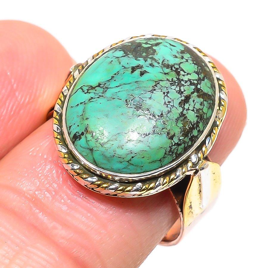 Natural Tibetan Turquoise Two Tone 925 Solid Sterling Silver Gift Ring S.8 F9I60