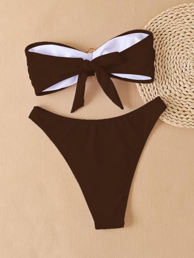 Solid Color Strapless Bandeau Sexy Split Bikini Swimsuit Women's Swimwear