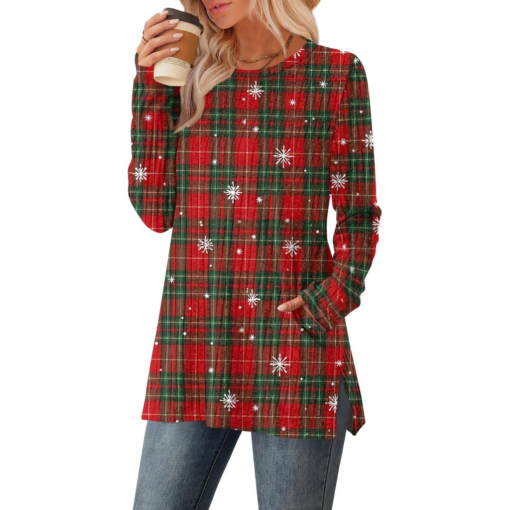 Women's Checkered Printed Round-neck Long-sleeved Top With Pockets And Side Slits
