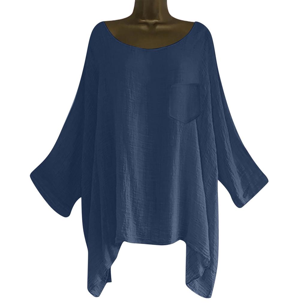 Dame 3/4-ermet bomull lin bluser topp T-skjorte rund hals skjorte ensfarget skjorte