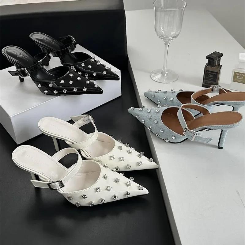 Fashion Newly Design Rivet Pointed Toe Women Pumps Sandals Sexy Buckle Strap Strippers Party High Heels Female Shoes Sandalias De Mujer