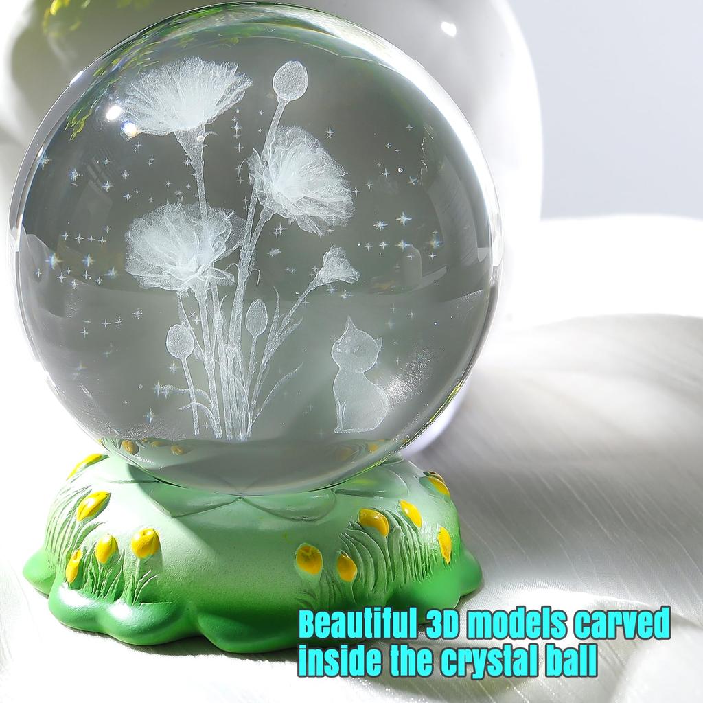 K9 Crystal Ball with Cute Cat and Carnation Bouquet, LED Light Base, Birthday Gift for Mom, Gift for Women, Mother's Day Gift