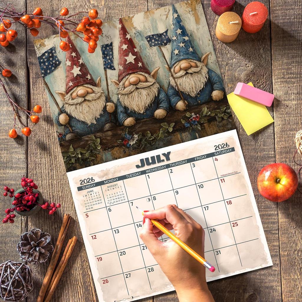 2026 Folk Art Gnomes Wall Calendar 16-Month X-Large Size 14x22, Garden Gnomes Calendar by The KING Company-Monster Calendars