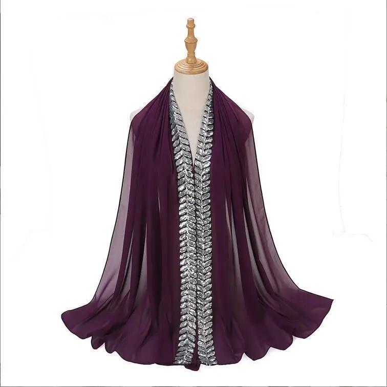 High Quality Pearls Chiffon Scarf Muslim Women Sequins Hijab Headwrap Arab Plain Turban Shawls Hair Accessories 175*70cm