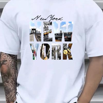 Mens Summer Cotton Fashion Casual Loose New York Pattern Print Sports Round Neck Shortsleeved Tshirt Top Casual Comfortable
