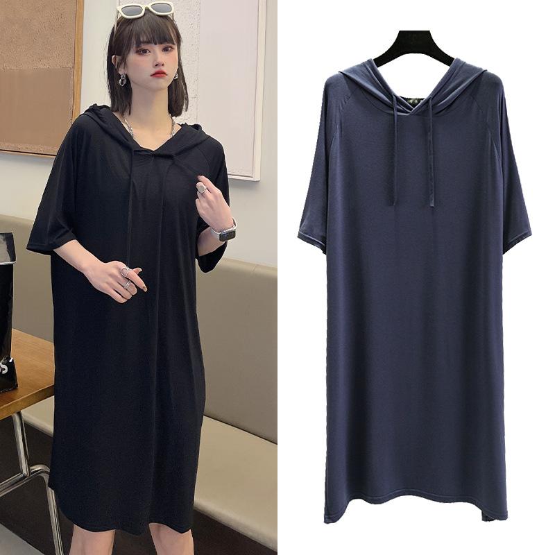 Dámské jarní a letní šaty s kapucí a půl rukávy, modální ležérní volné dlouhé šaty v jednobarevných barvách, dámské oblečení, streetwear