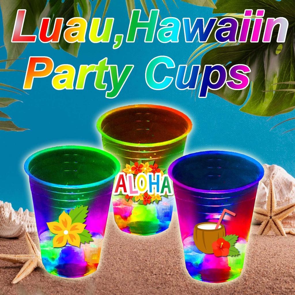 mishunyus 24 Pcs Glow Hawaiian Luau Party Cups, Flashing Tiki Party Cups, Tropical Luau Party Decorations Hawaiian Party Supplies Favor (16oz)