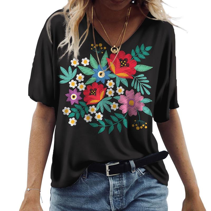 Verão Manga Curta Decote V Nova Blusa Camiseta Casual Feminina Girassol Estampa 3D