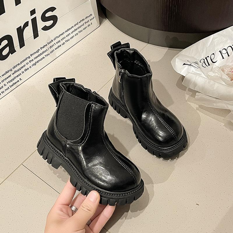 

New Fall Winter Kids Martin Boots Korean Simple Leather Boots Girls Mid Calf Fashion Tube Boots size 29 чорний