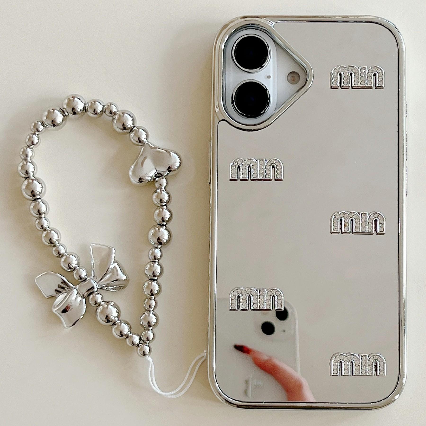 

For iPhone 16 Case Rhinestone Letters Mirror Surface Design TPU Acrylic Phone Back Cover with Strap A