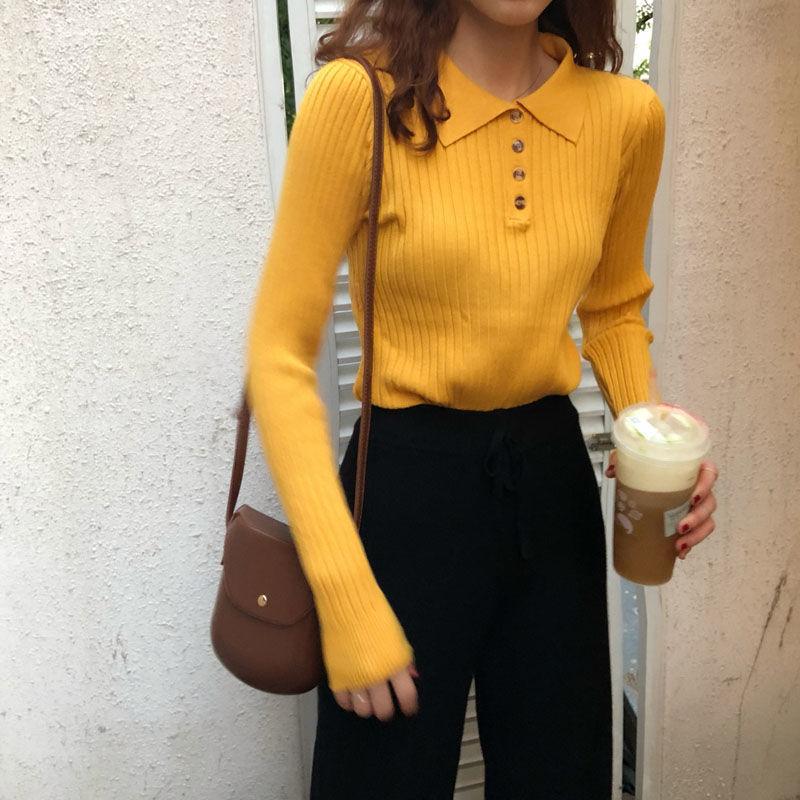 Damski Krótki Sweter z Długim Rękawem z Detalami Guzików na Wiosnę i Jesień - Kołnierzyk Polo, Miękki Styl, Odpowiedni jako Bielizna lub Odzież Wierzchnia