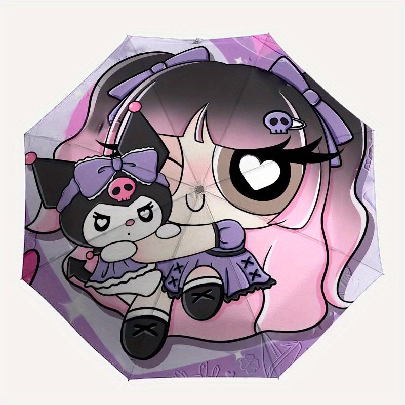 Kuromi Automatic Folding Umbrella-Simple 8-Rib Design, Bright Cartoon Pattern, Durable Iron Frame, Suitable For Travel, Outdoor, Beach-Cute