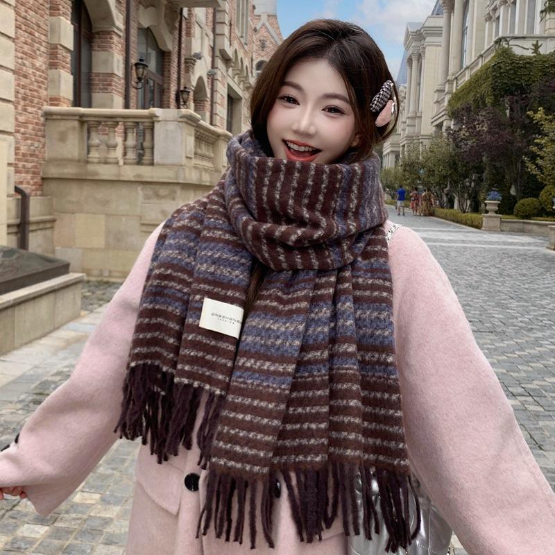 Women Winter Knitted Scarf Headscarf Lady Men Preppy Retro Striped Print Tassel Scarve Male Foulard Wrap Shawl Casual Korean New