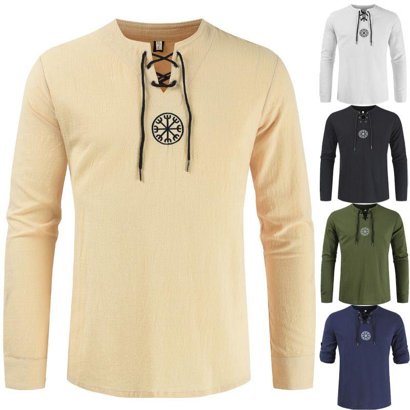 Stylish Medieval Men's Long Sleeve Lace Up Solid Color Retro Cosplay Costume T-shirt