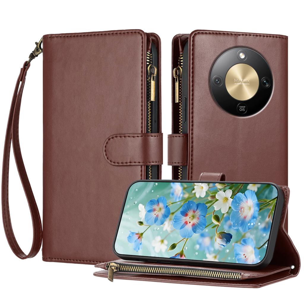 For Honor Magic8 Lite 5G/X9d 5G/X70 5G Leather Case Zipper Wallet Stand Shockproof Phone Cover with Wrist Strap