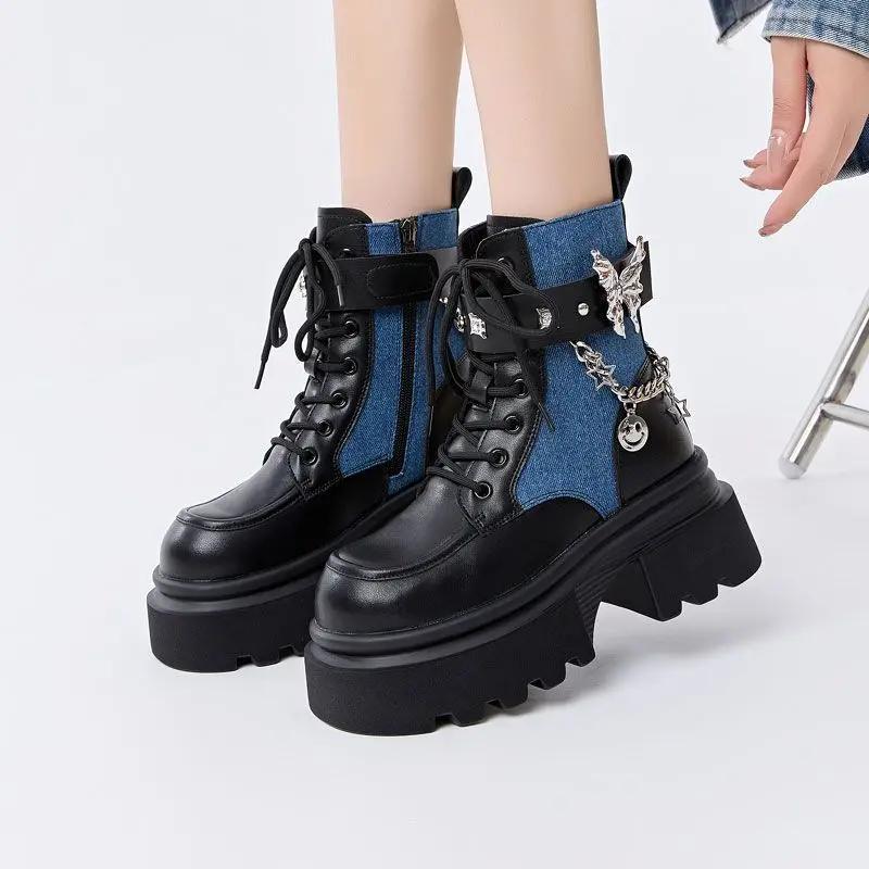 Fashion Ankle Boots for Women Chain Height Increasing Hip Hop Non Slip Booties Comfortable and Elegant Footwear Autumn Woman Short Shoes
