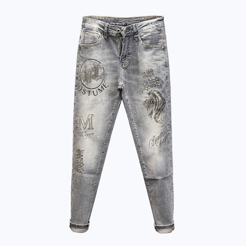 Frühling und Sommer Stretch-Jeans für Herren, schwere Stickerei, heißes Bohren, bedruckt, Modemarke, hübsch, lässig, schmale Passform, knöchelfest