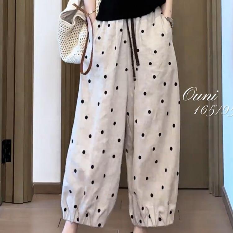 Women's Polka Dot High-Waisted Wide-Leg Linen Pants - Slimming, Nine-Point, Loose Fit, Summer Casual