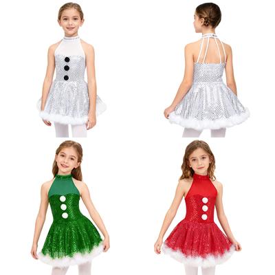 Costum de Crăciun Copii Om de Zăpadă Rochie Fără Mâneci Plasă cu Spate Tip Cușcă Paiete Strălucitoare pentru Patinaj pe Gheață Patinaj cu Role