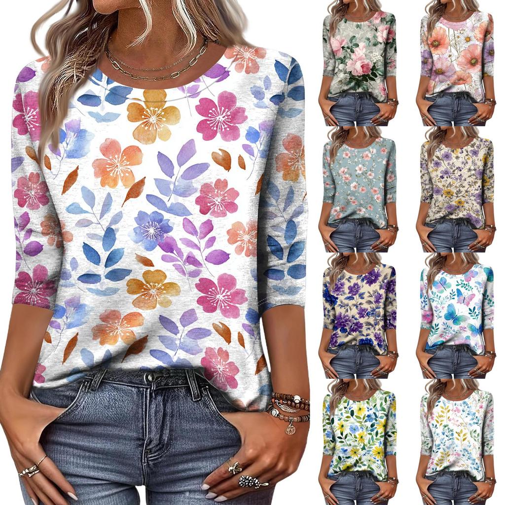 Women Casual Round Neck Three Quarter Sleeve Floral Print T Shirt Top Lightweight Soft Fabric Comfortable Fit Spring Summer Wear