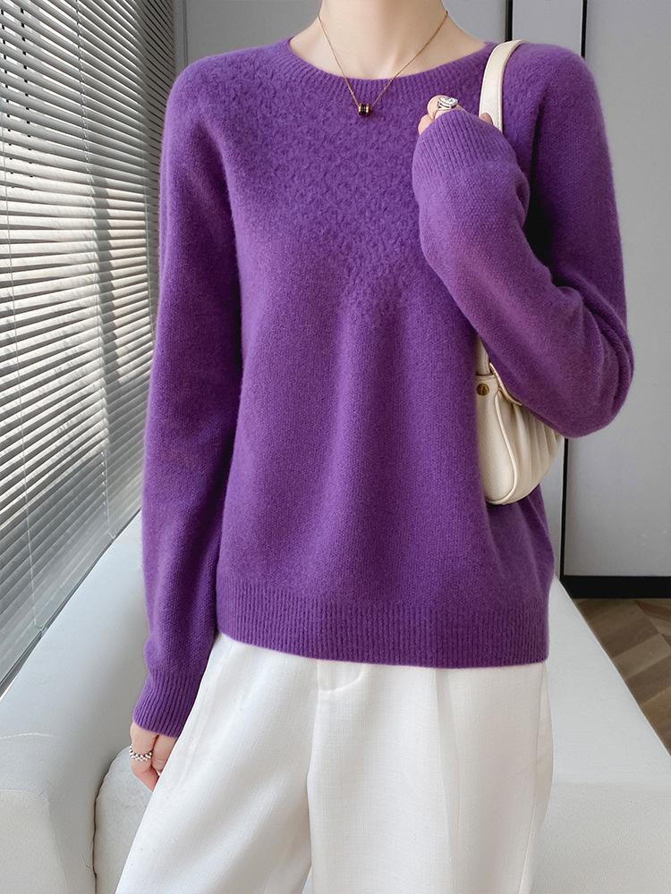 Women's Stylish Wool Cashmere Sweater - Round Neck, Loose Fit, Hollow Design, Autumn/Winter Base Layer.